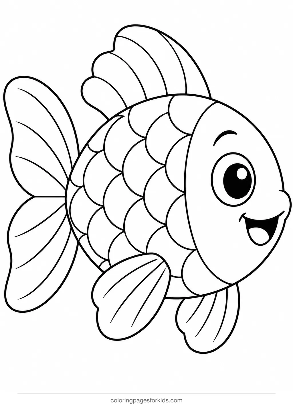 Fish coloring page of a big fish template with large scales, easy printable for preschool crafts