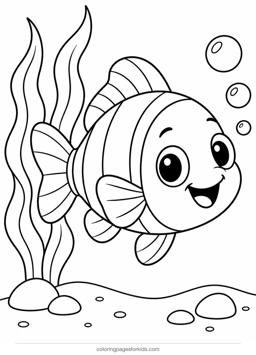 Fish coloring page of a smiling clownfish in an anemone, easy printable for ages 3-5