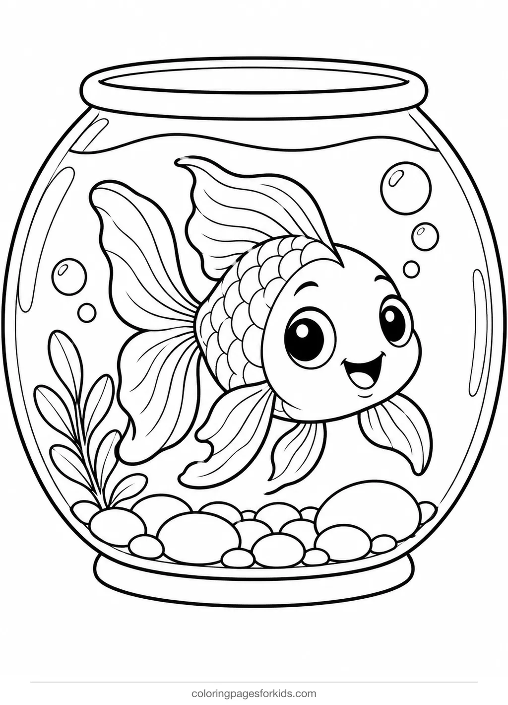 Fish coloring page of a happy goldfish in a bowl, medium printable for ages 5-7