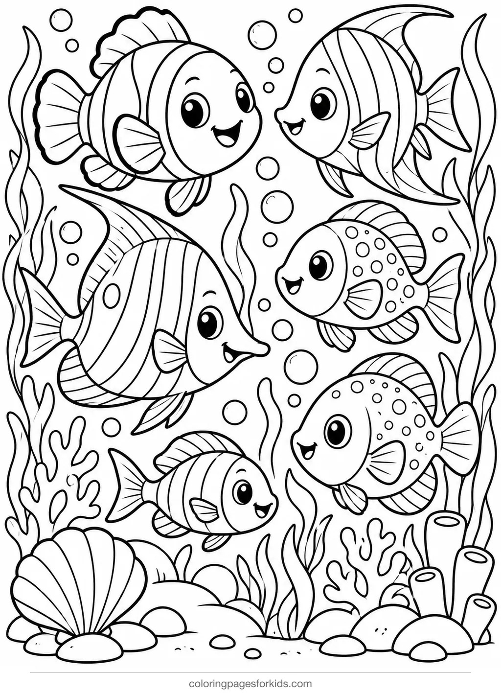Fish coloring page of tropical fish swimming in a school, medium printable for ages 5-7