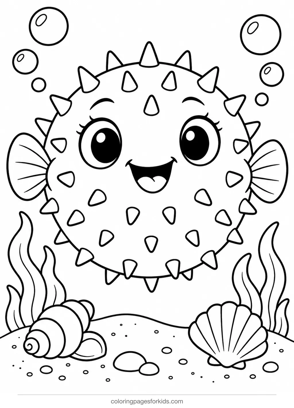 Fish coloring page of a puffed-up pufferfish with bubbles, medium printable for ages 5-7