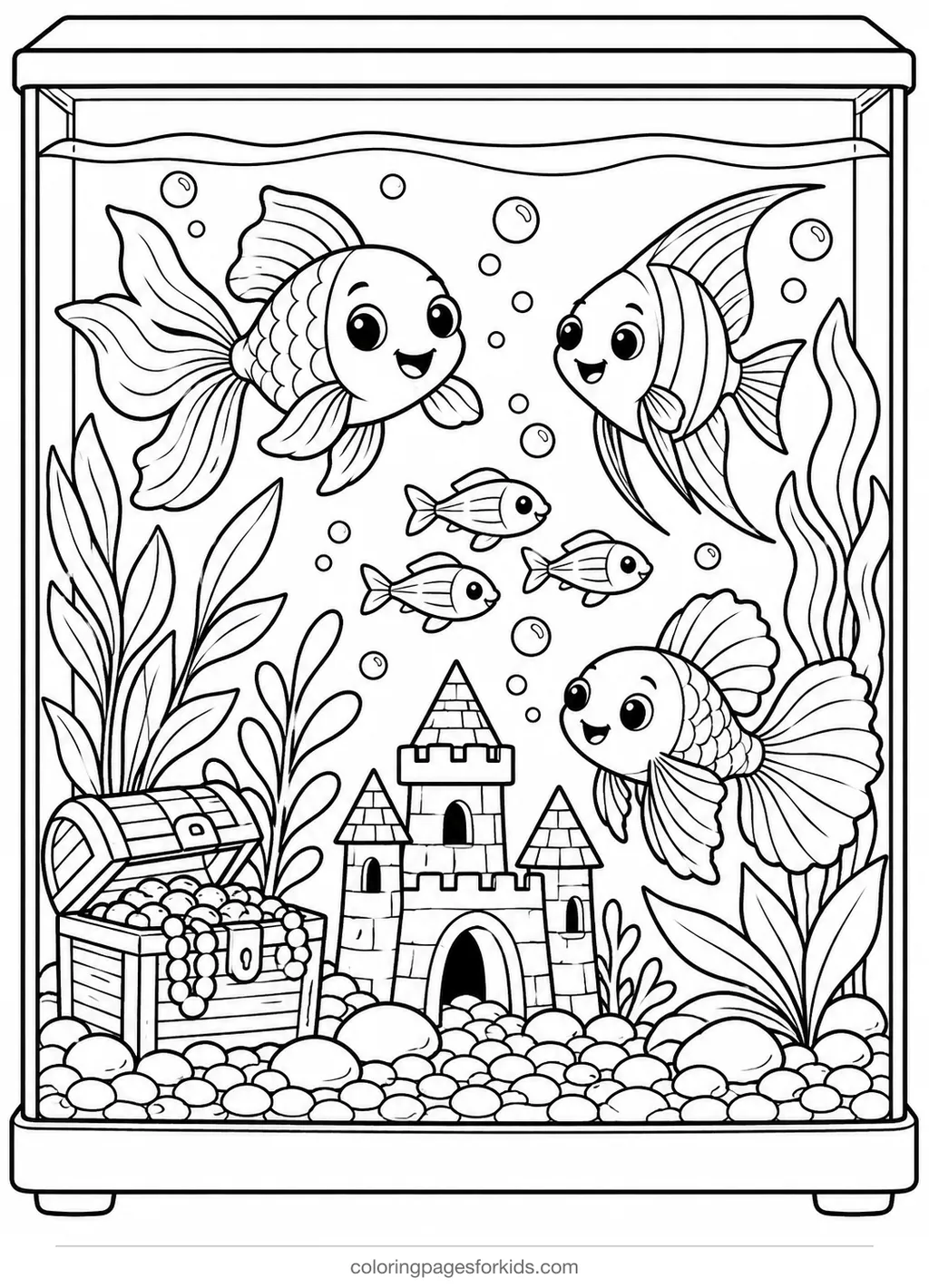 Fish coloring page of an aquarium with fish, plants and castle, medium printable for ages 5-7