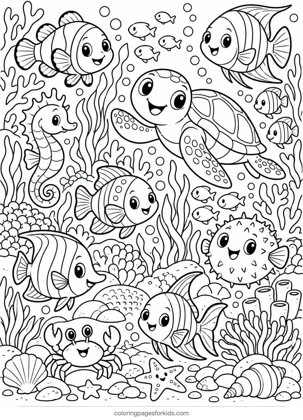 Fish coloring page of coral reef fish with turtle and coral, detailed printable for ages 7-10