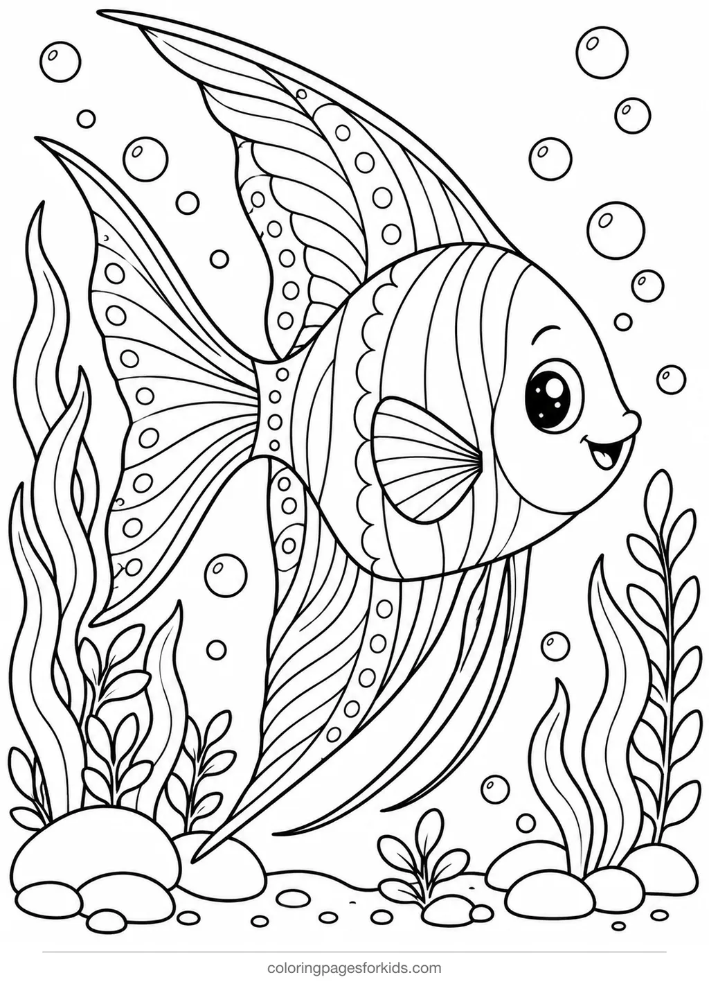 Fish coloring page of a patterned angelfish with detailed fins, detailed printable for ages 7-10