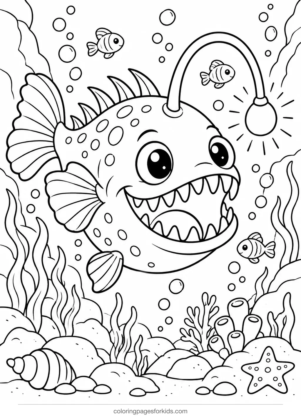 Fish coloring page of a friendly anglerfish with lure and deep sea details, detailed printable for ages 7-10