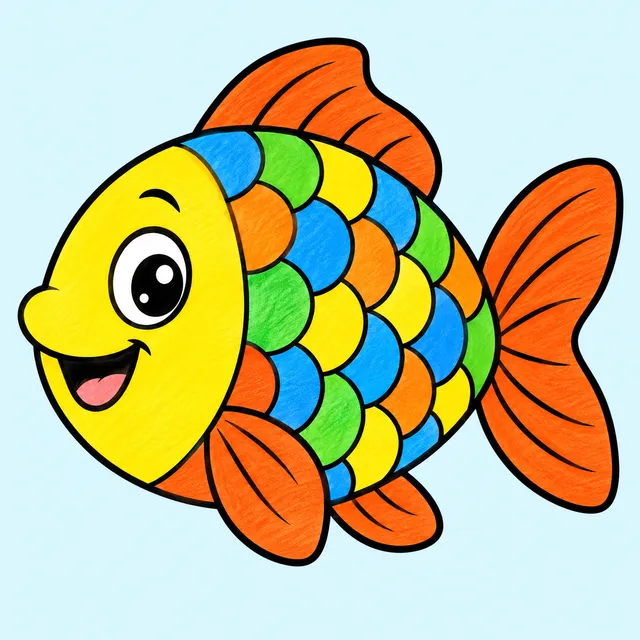 Colored example of a simple smiling fish with scales and fins for kids