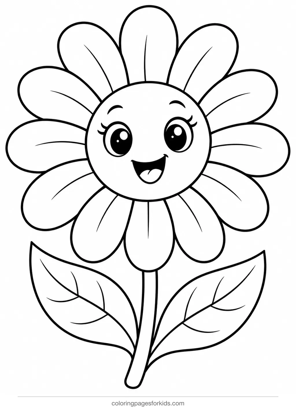 Flower coloring page of one smiling daisy, easy black-and-white printable for ages 3-5