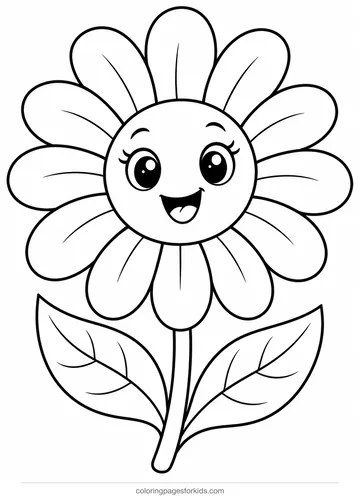 Flower coloring page of one smiling daisy, easy black-and-white printable for ages 3-5