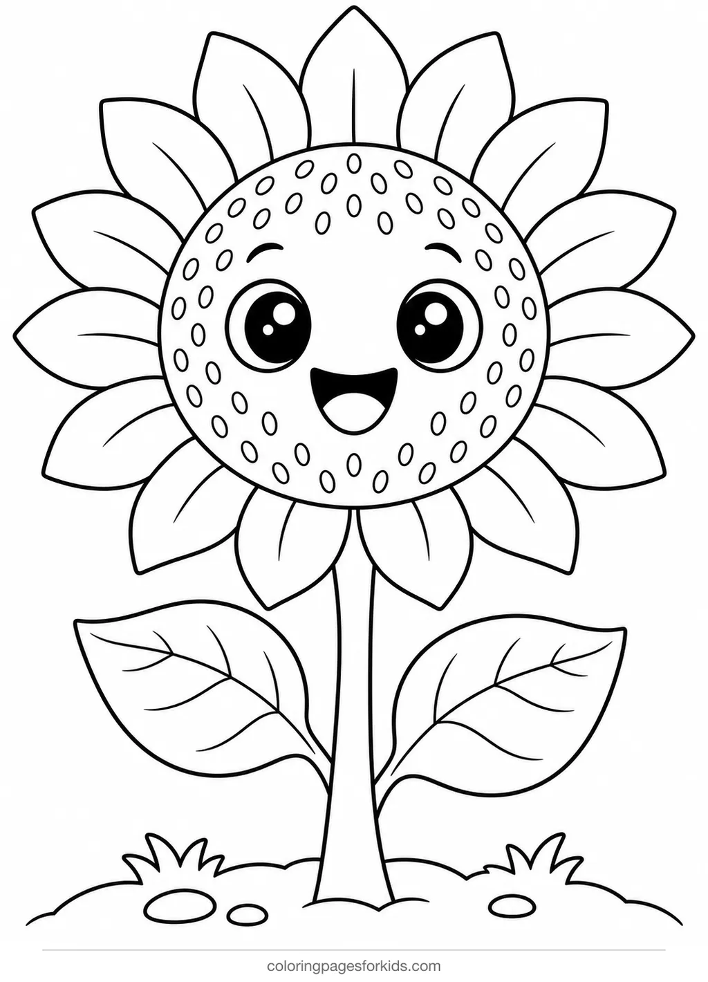 Flower coloring page of a smiling sunflower, easy black-and-white printable for ages 3-5