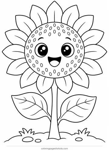 Flower coloring page of a smiling sunflower, easy black-and-white printable for ages 3-5