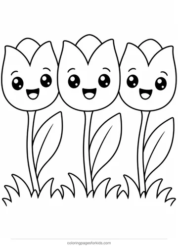Flower coloring page of three smiling tulips in grass, easy printable for ages 3-5