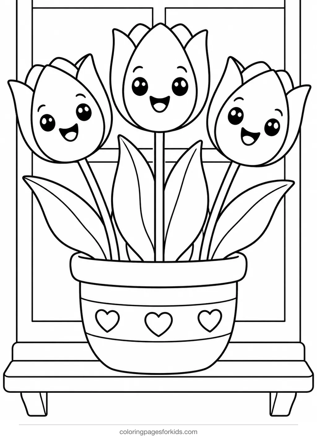 Flower coloring page of smiling tulips in a pot, easy black-and-white printable for ages 3-5