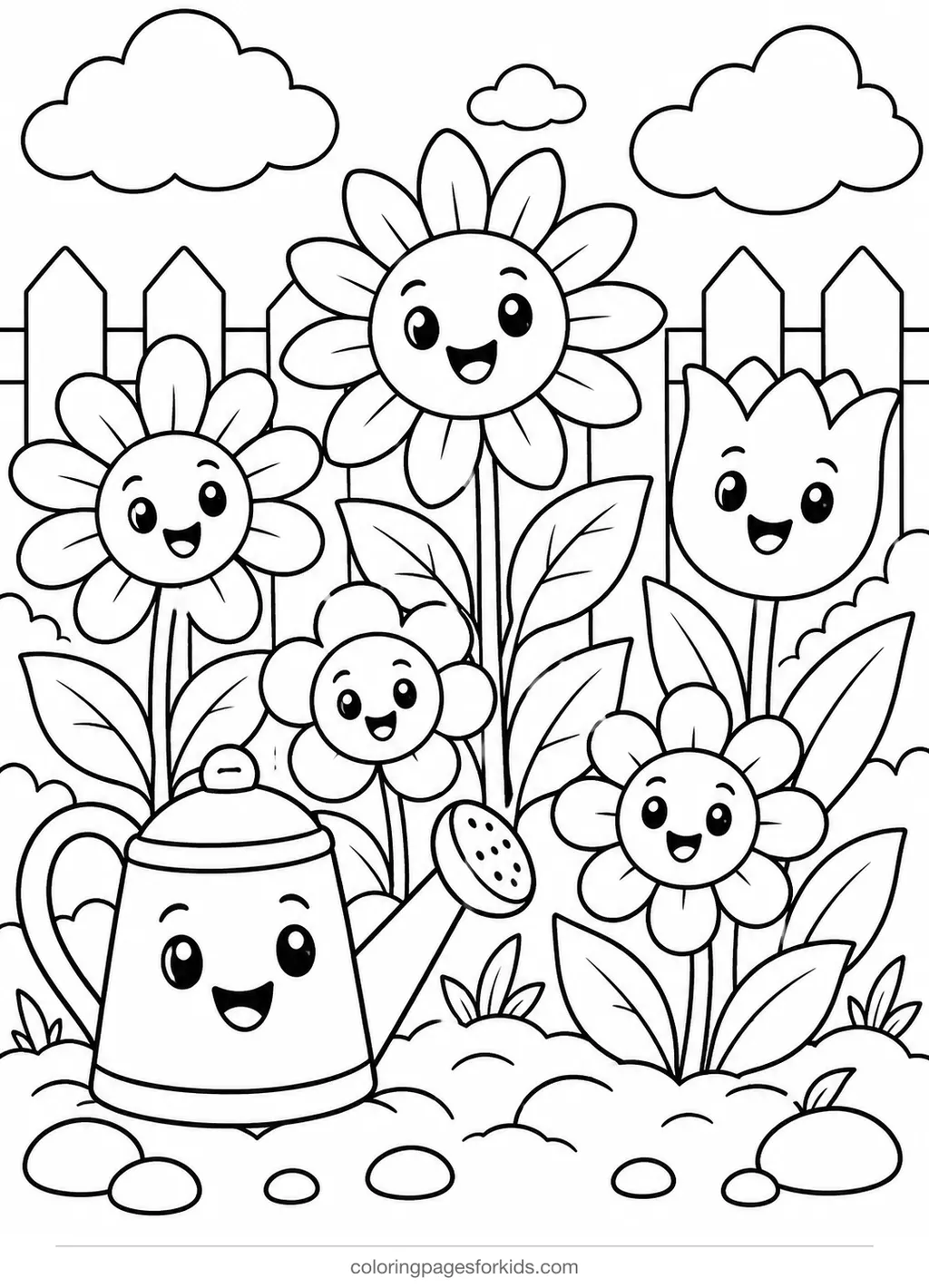 Flower coloring page of a garden bed and watering can, medium printable for ages 5-7
