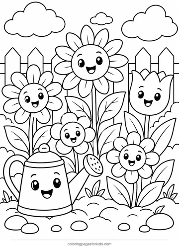 Flower coloring page of a garden bed and watering can, medium printable for ages 5-7
