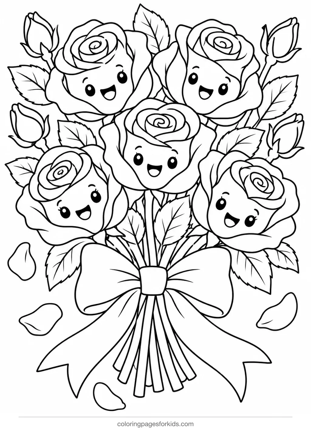Flower coloring page of a smiling rose bouquet, medium black-and-white printable for ages 5-7