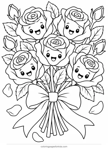 Flower coloring page of a smiling rose bouquet, medium black-and-white printable for ages 5-7