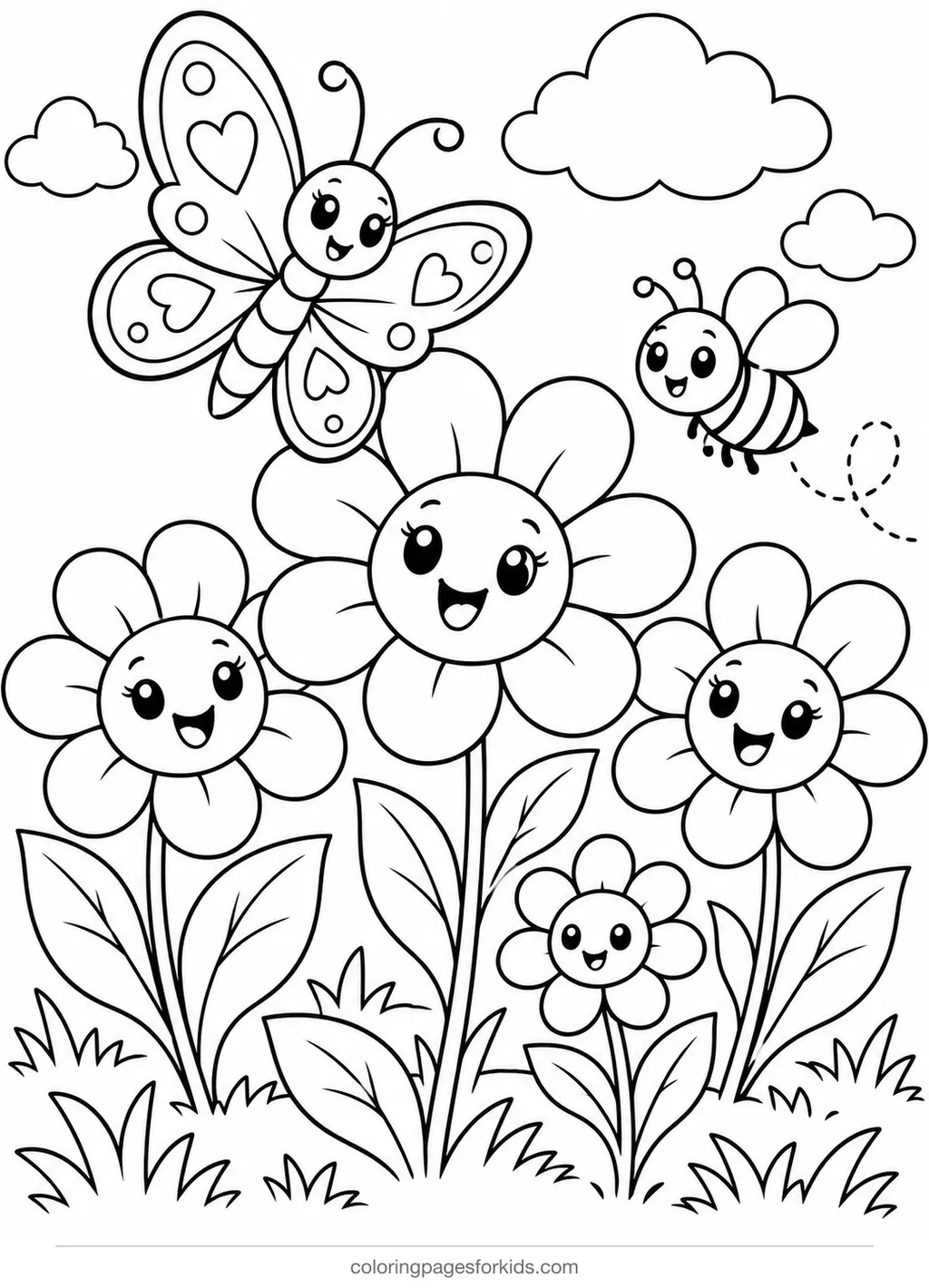 Flower coloring page of flowers with a butterfly and bee, medium printable for ages 5-7