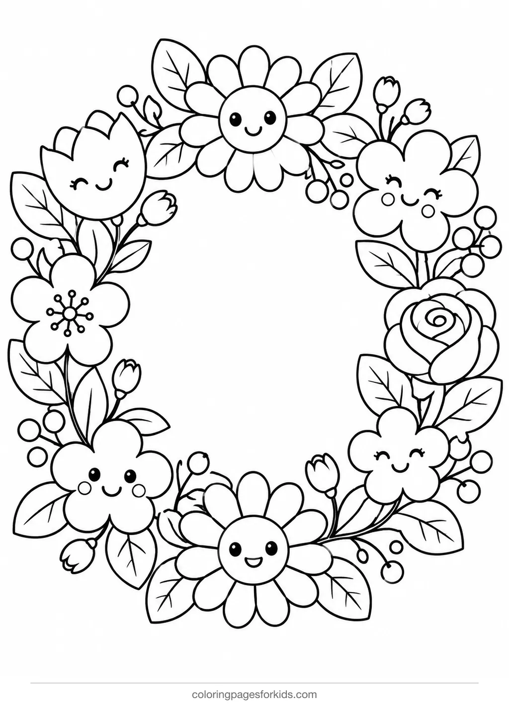 Flower coloring page of a mixed flower crown, medium black-and-white printable for ages 5-7