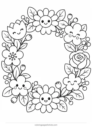 Flower coloring page of a mixed flower crown, medium black-and-white printable for ages 5-7