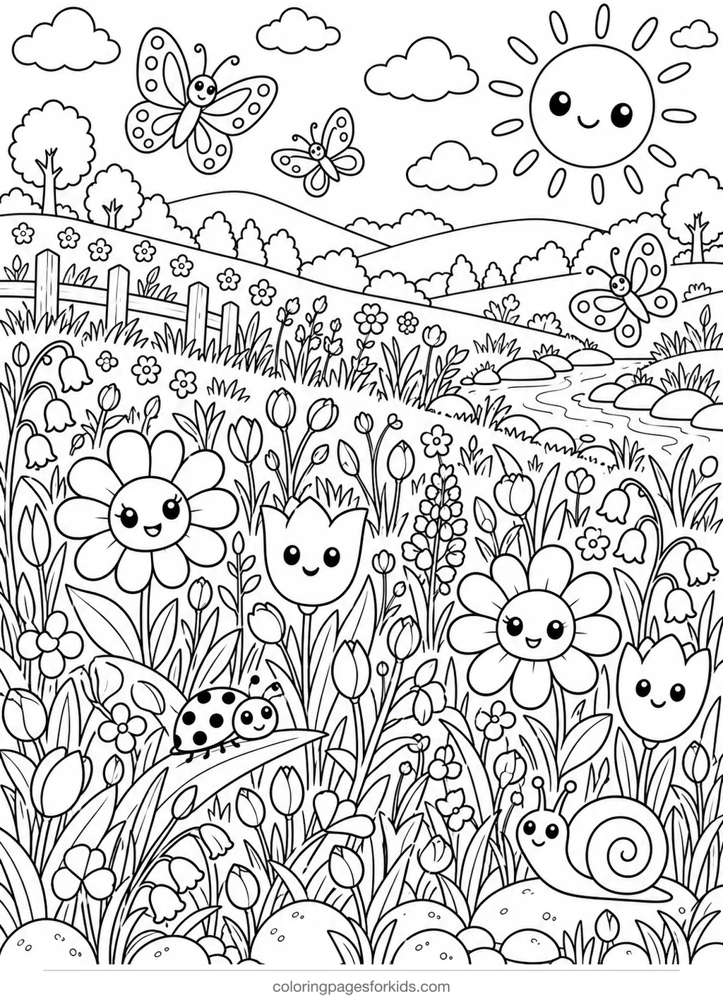 Flower coloring page of a wildflower meadow, detailed black-and-white printable for ages 7-10