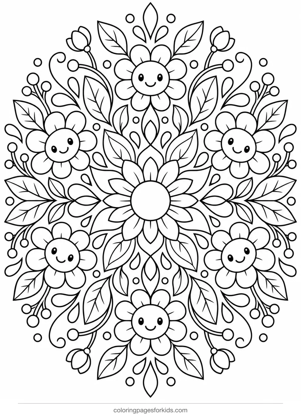 Flower coloring page of a petal and leaf mandala, detailed printable for ages 7-10
