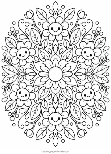 Flower coloring page of a petal and leaf mandala, detailed printable for ages 7-10