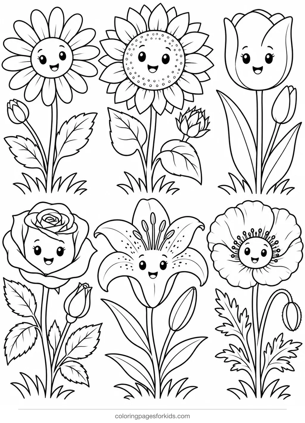 Flower coloring page of six flower types side by side, detailed printable for ages 7-10