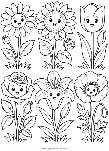 Flower coloring page of six flower types side by side, detailed printable for ages 7-10