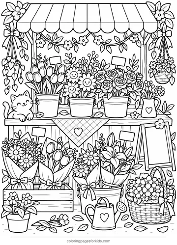 Flower coloring page of a flower market stall, detailed black-and-white printable for ages 7-10