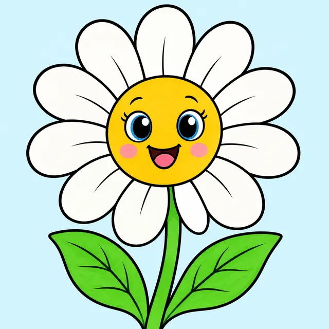 Colored example of a cute smiling daisy flower for kids