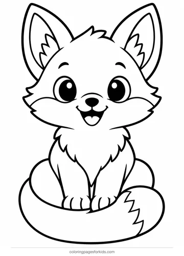 Fox coloring page of a cute sitting fox with fluffy tail, easy black-and-white printable for ages 3-5