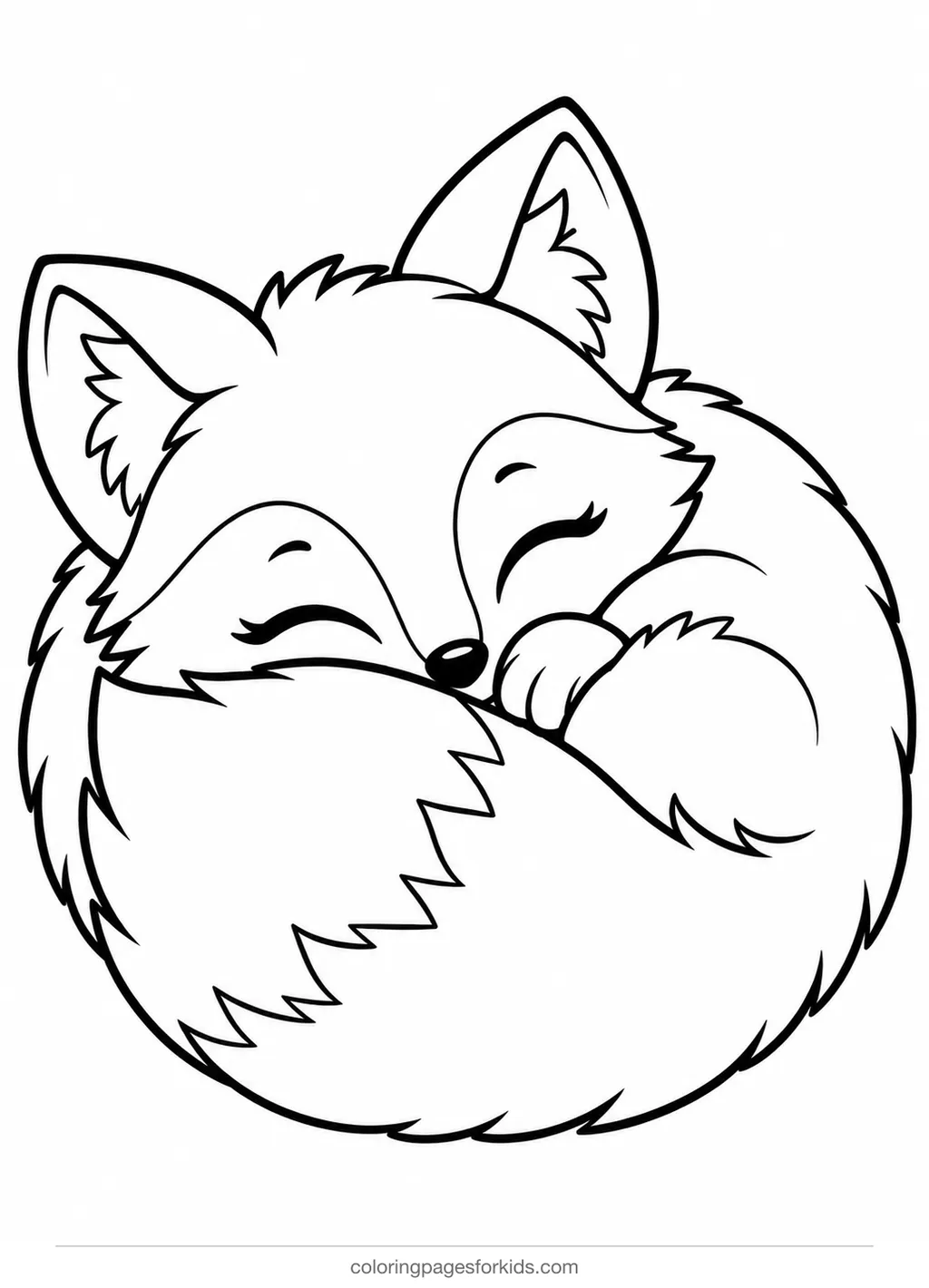 Fox coloring page of a sleeping fox curled in its tail, easy black-and-white printable for ages 3-5