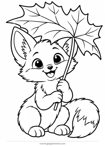 Fox coloring page of a baby fox holding a maple leaf, easy black-and-white printable for ages 3-5