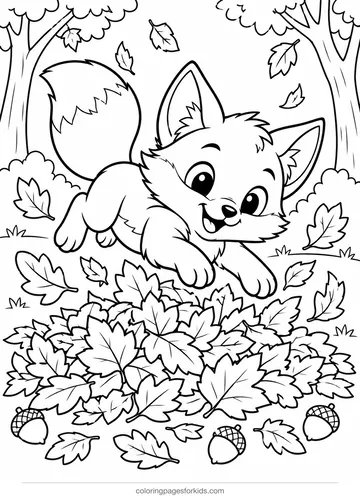 Fox coloring page of a fox leaping into leaves, medium black-and-white printable for ages 5-7