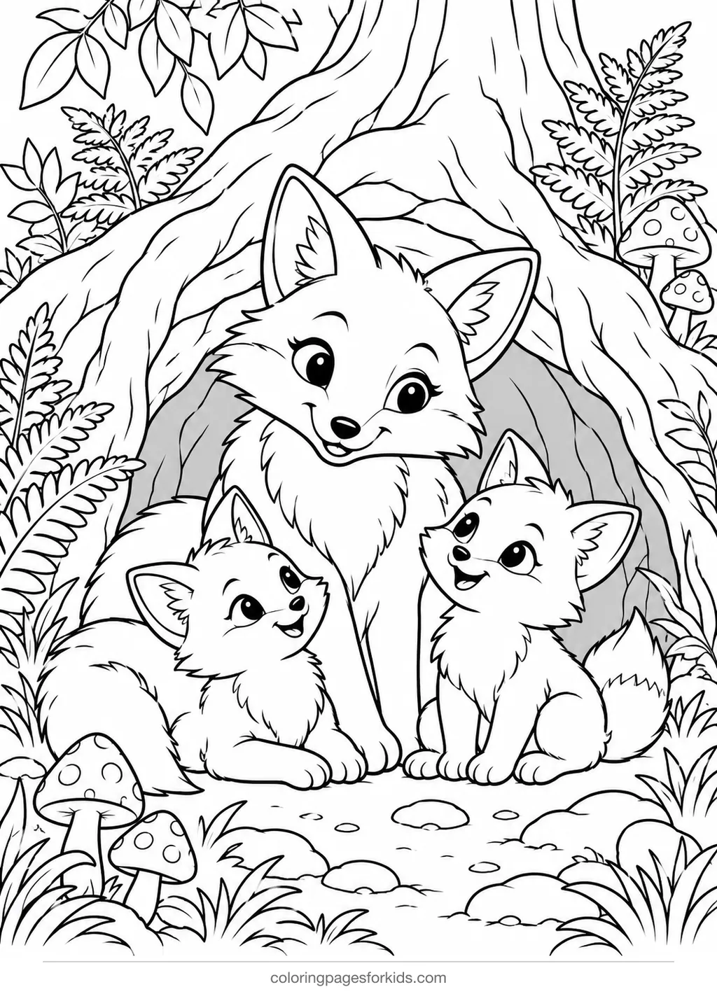 Fox coloring page of a fox family at a den, medium black-and-white printable for ages 5-7