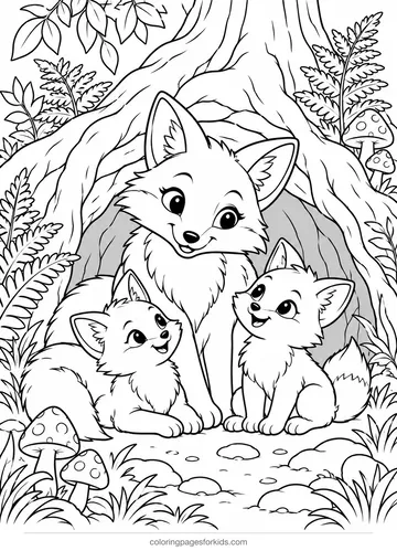 Fox coloring page of a fox family at a den, medium black-and-white printable for ages 5-7