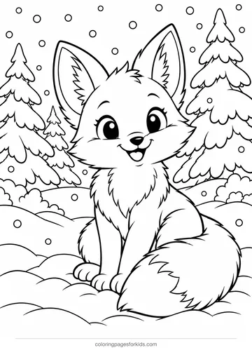 Fox coloring page of a fox sitting in falling snow, medium black-and-white printable for ages 5-7