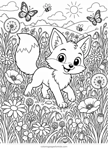 Fox coloring page of a fox in a wildflower meadow, detailed black-and-white printable for ages 7-10