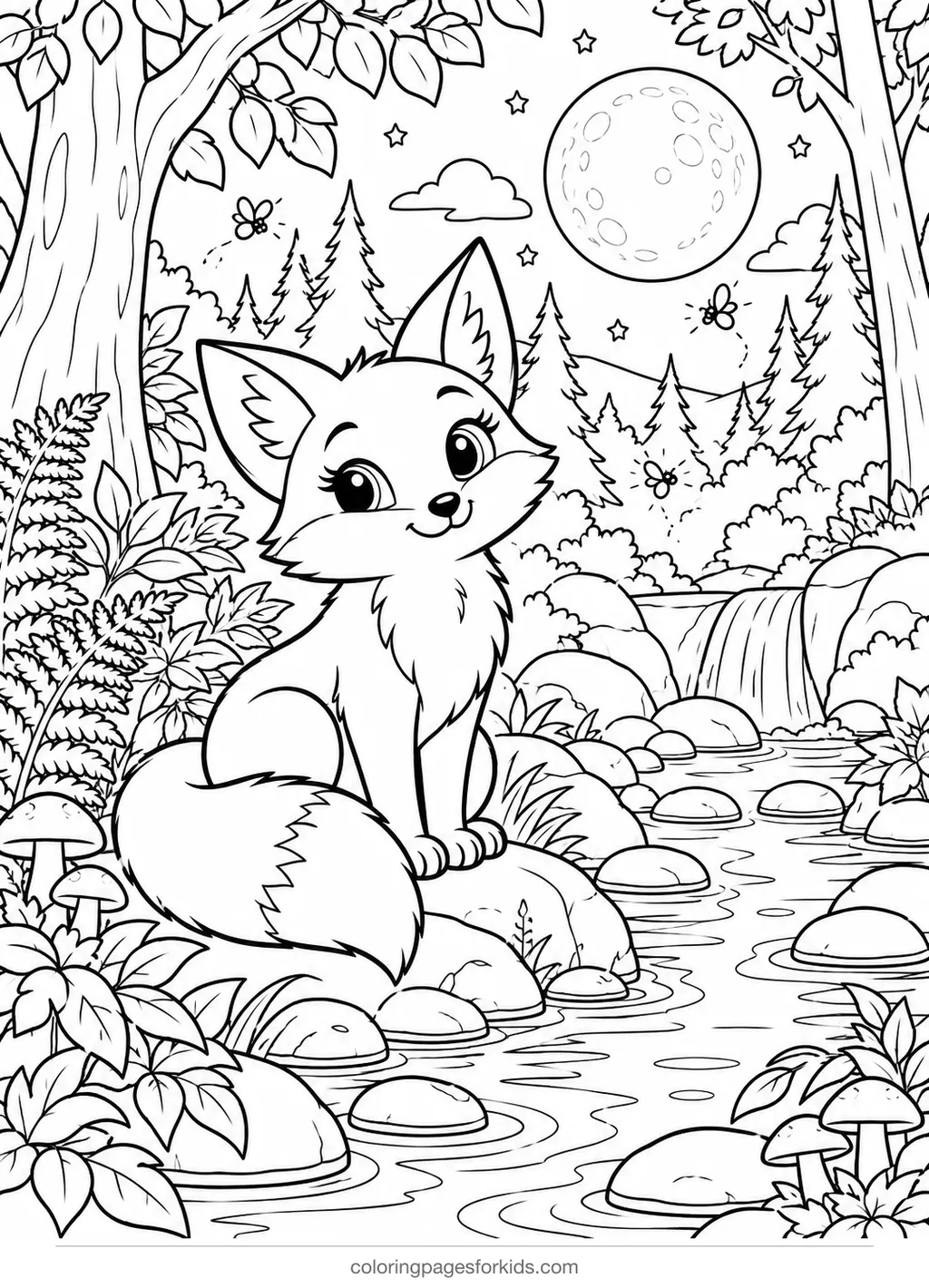 Fox coloring page of a fox by a moonlit forest stream, detailed black-and-white printable for ages 7-10