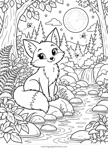 Fox coloring page of a fox by a moonlit forest stream, detailed black-and-white printable for ages 7-10