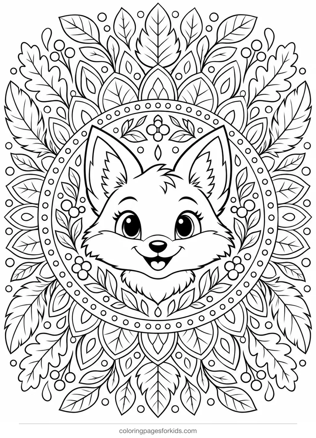 Fox coloring page of a fox mandala with leaves and petals, detailed black-and-white printable for ages 7-10