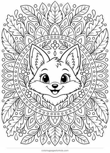 Fox coloring page of a fox mandala with leaves and petals, detailed black-and-white printable for ages 7-10
