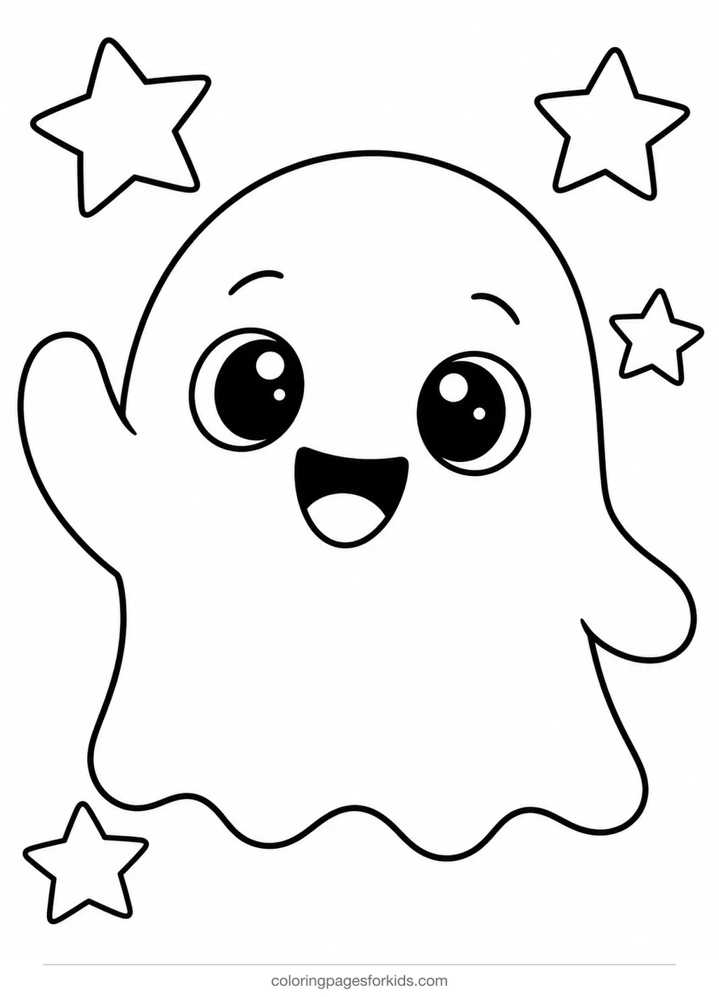 Ghost coloring page of a smiling ghost waving with stars, easy black-and-white printable for preschoolers
