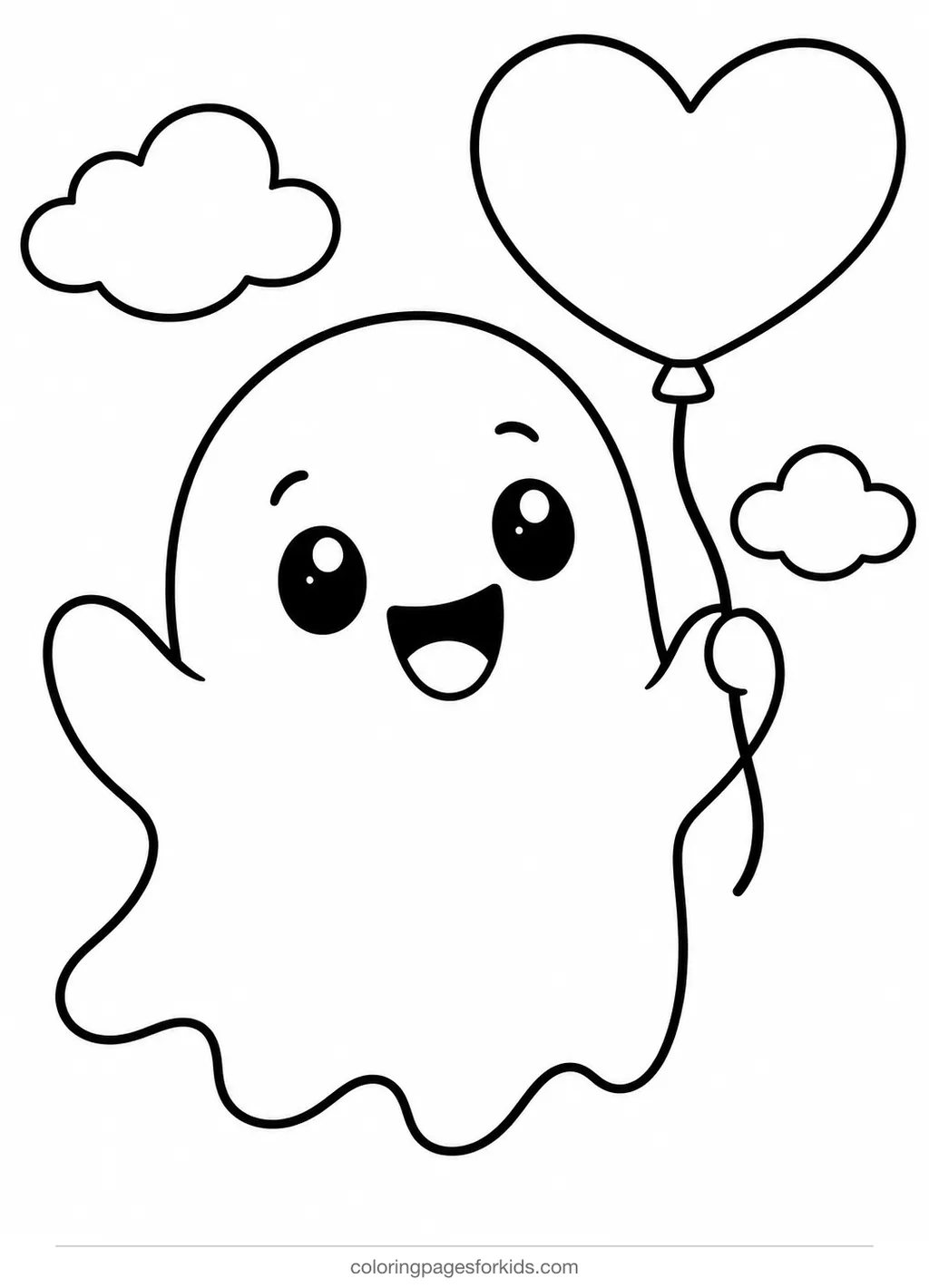 Ghost coloring page of a cute ghost holding a heart balloon, easy printable for ages 3-5