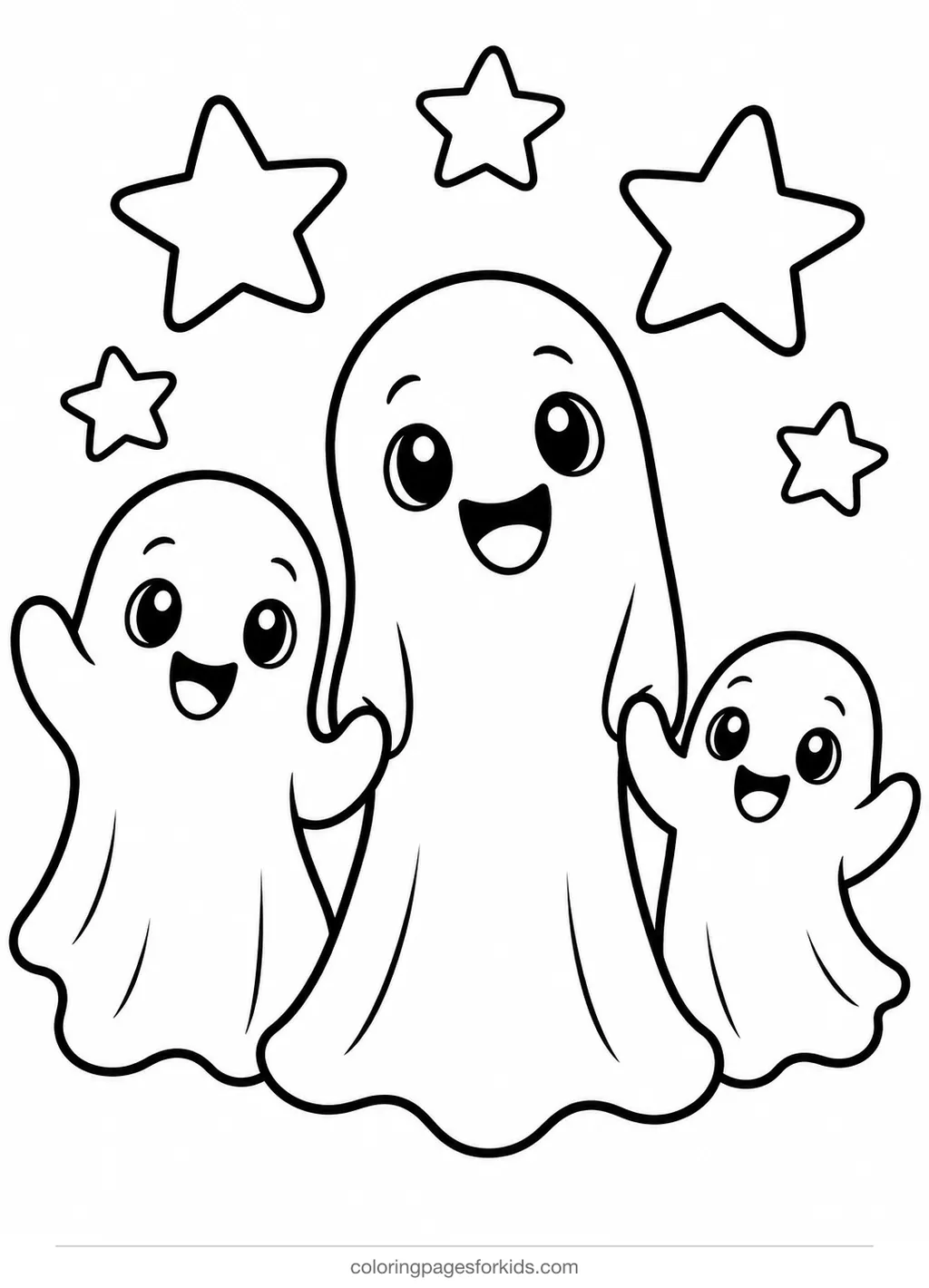 Ghost coloring page of three smiling ghosts holding hands, easy printable for preschoolers