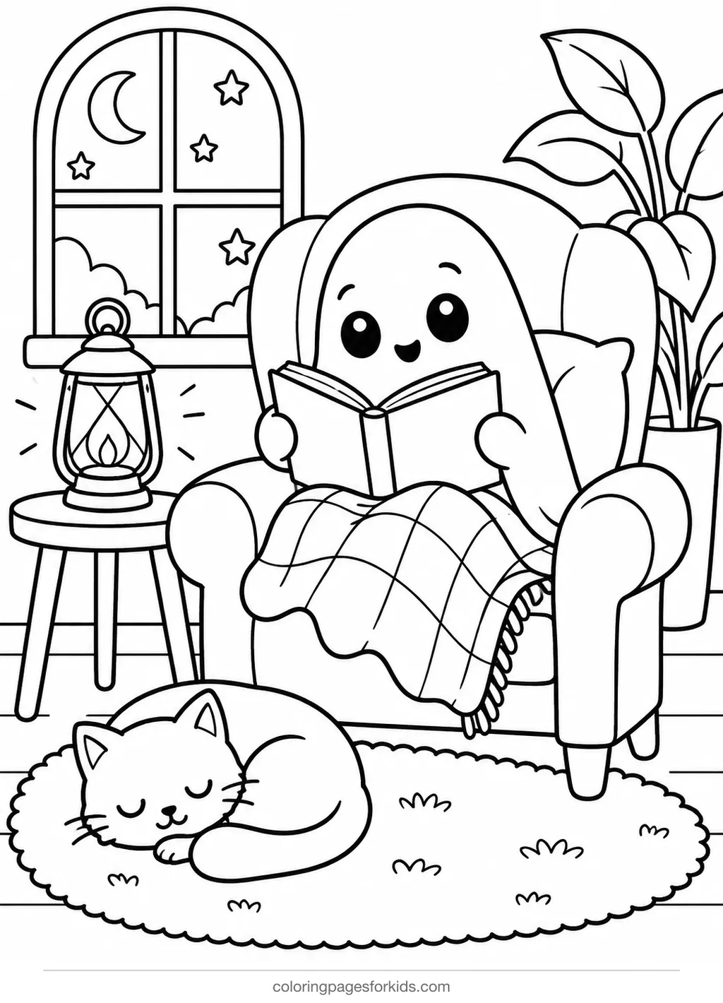 Ghost coloring page of a ghost reading in a chair with a cat, medium printable for ages 5-7