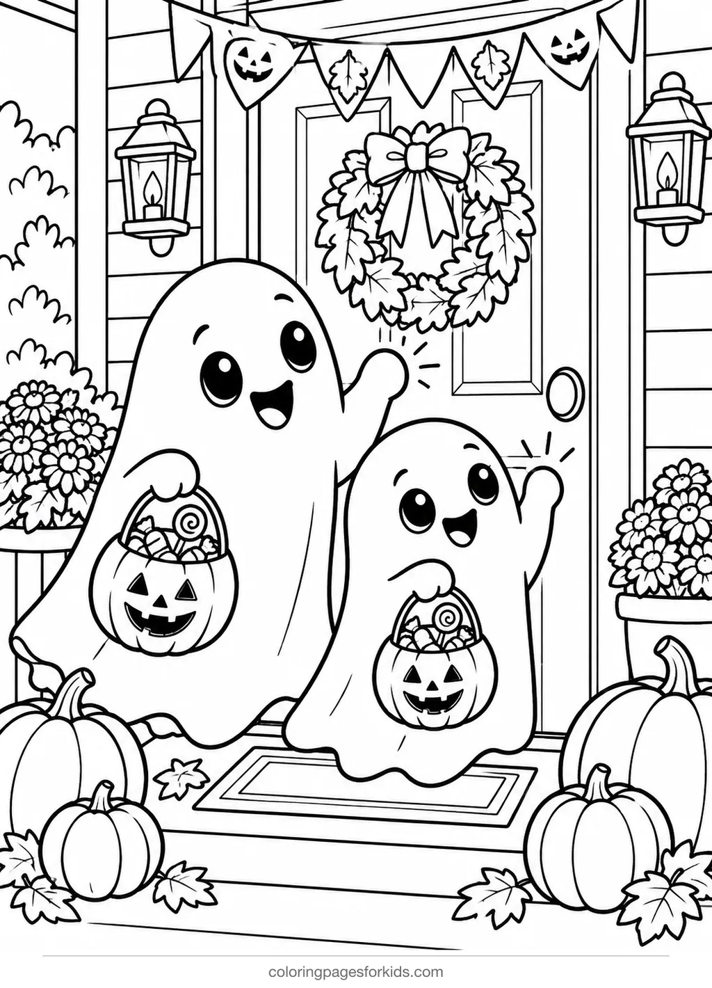 Halloween ghost coloring page of two ghosts with candy buckets at a door, medium printable for ages 5-7
