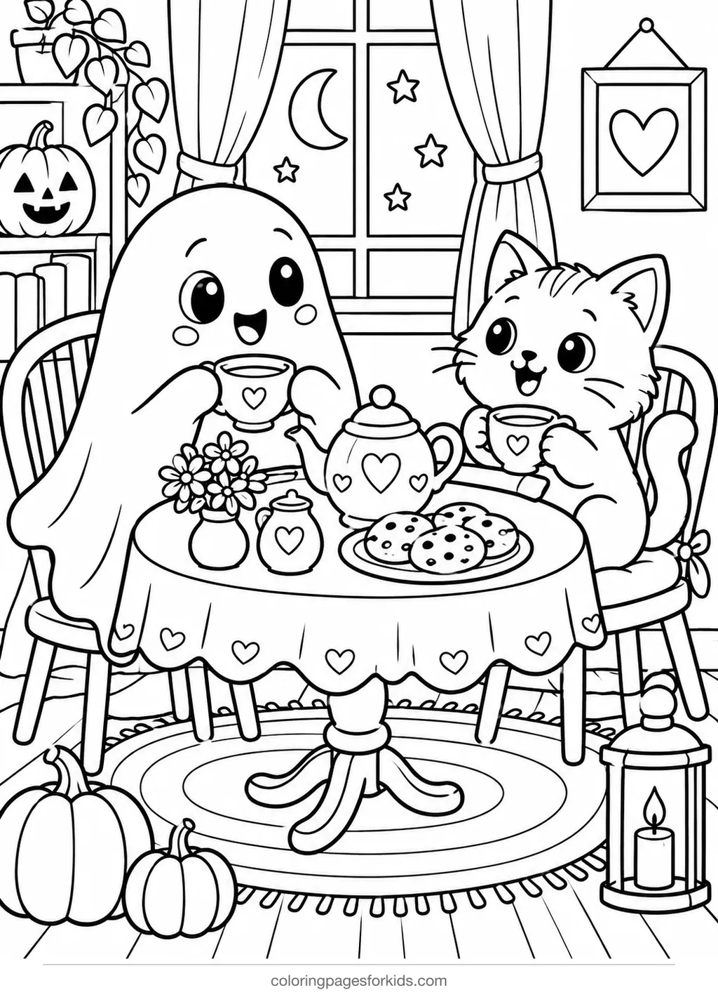 Ghost coloring page of a ghost and cat having tea, medium black-and-white printable for ages 5-7