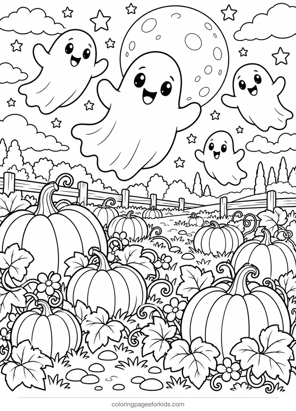 Ghost coloring page of friendly ghosts over a pumpkin patch, detailed printable for ages 7-10