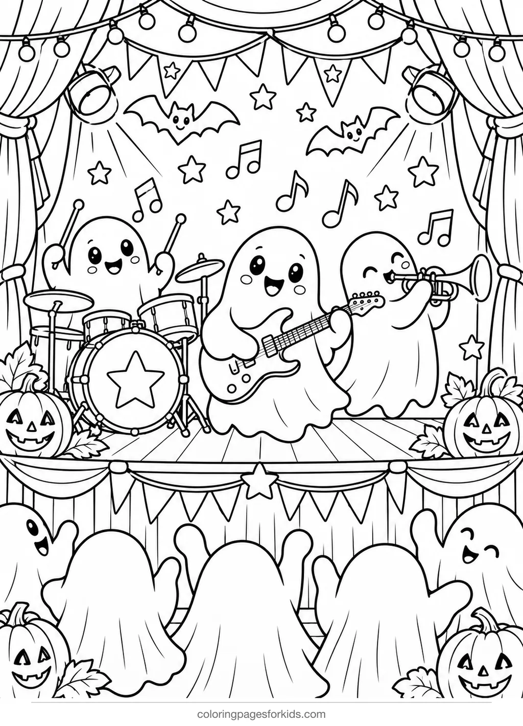 Ghost coloring page of ghosts playing music on a stage, detailed printable for ages 7-10